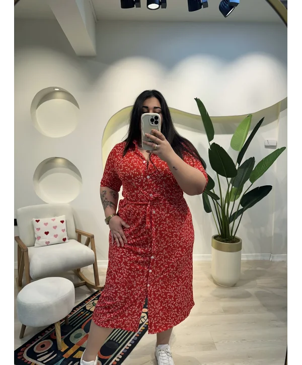 Kuşaklı Esnek Gömlek Elbise - Kırmızı Çiçekli