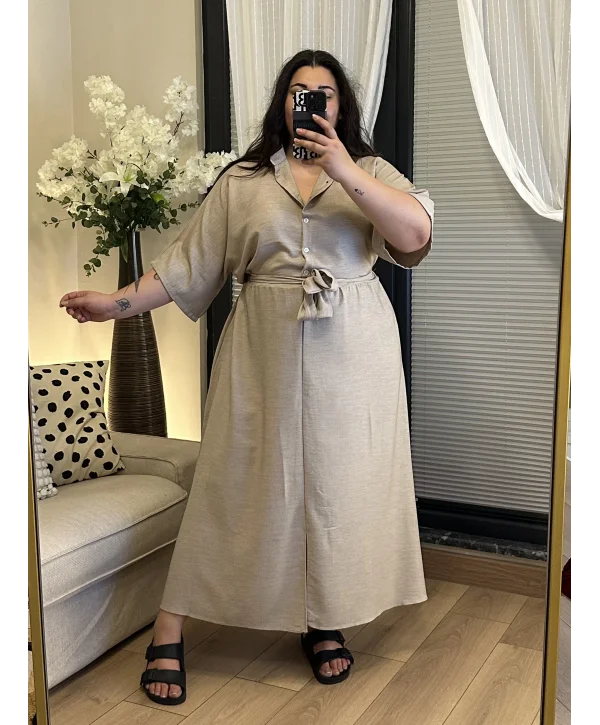 Kuşaklı Hakim Yaka Tensel Elbise - Bej