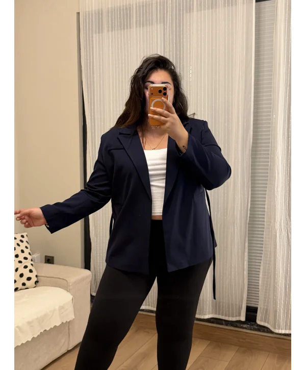 Kuşaklı Premium Blazer Ceket - Lacivert