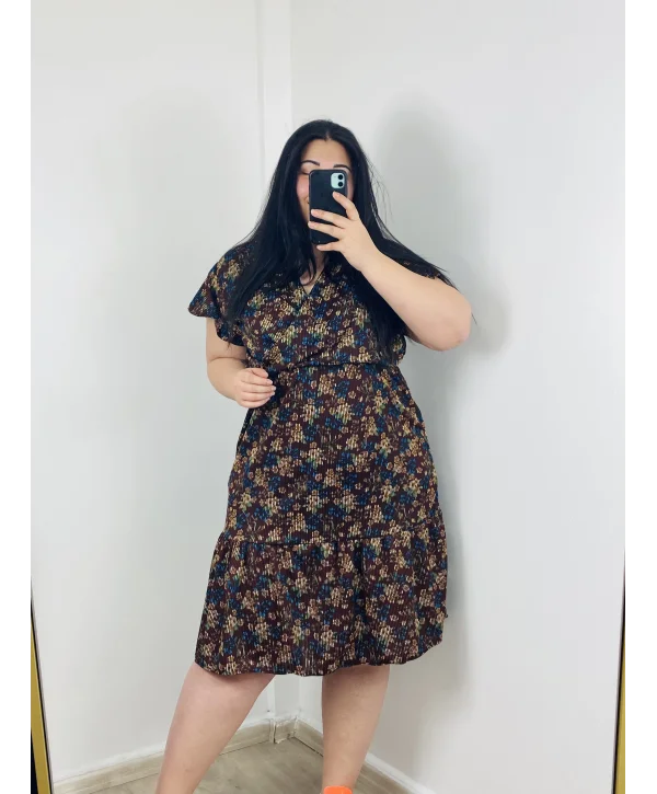 Likralı Krep Kruvaze Elbise - Kahve Çiçekli