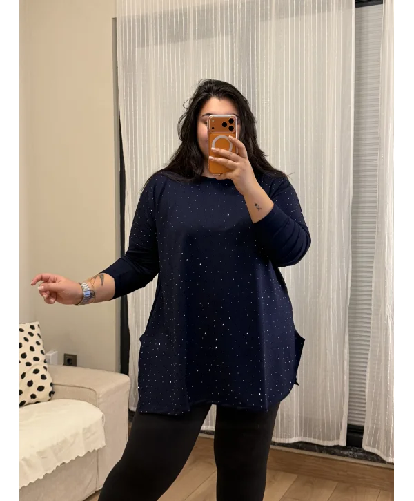 Modal Kumaş Esnek Taş Detaylı Bluz - Lacivert