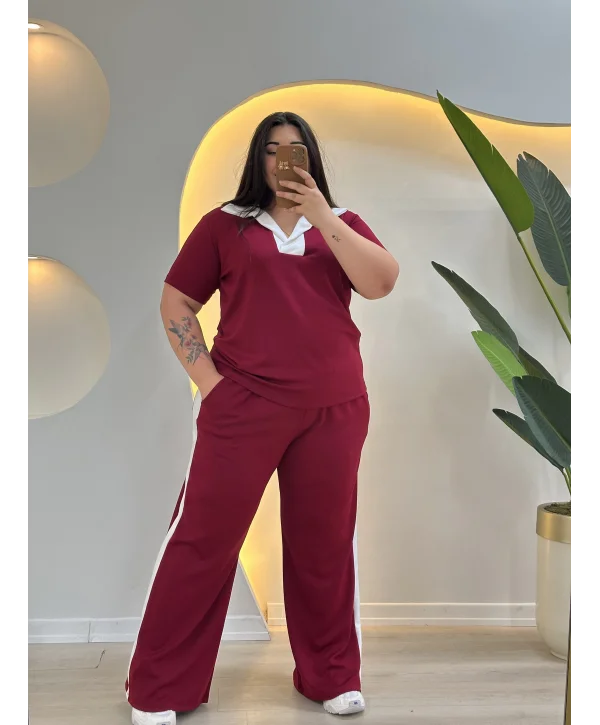 Oysho Modal Şeritli Polo Yaka Takım - Bordo