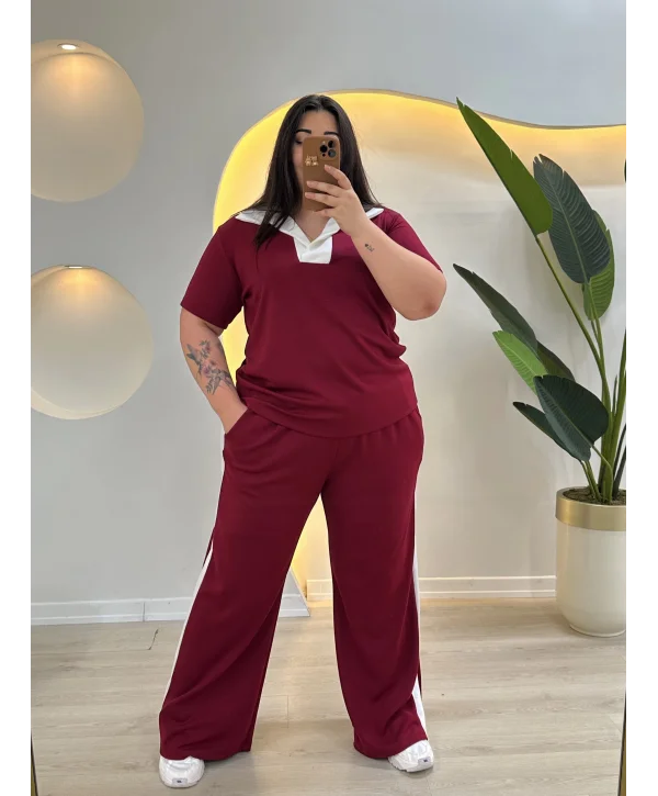 Oysho Modal Şeritli Polo Yaka Takım - Bordo