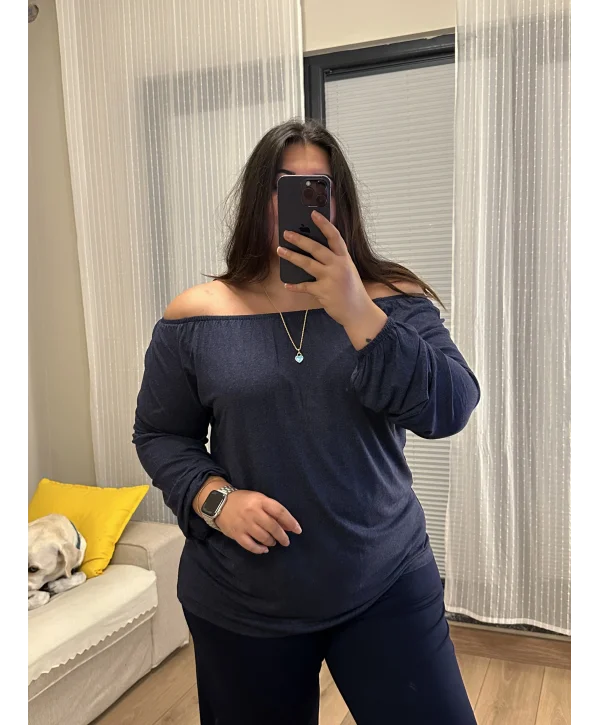 Pamuklu Penye Esnek Madonna Bluz - Lacivert