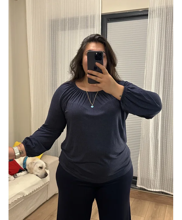 Pamuklu Penye Esnek Madonna Bluz - Lacivert