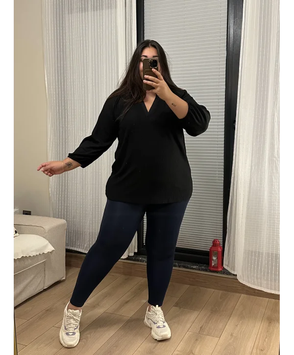 Patlı Hakim Yaka Esnek Bürümcük Bluz - Siyah