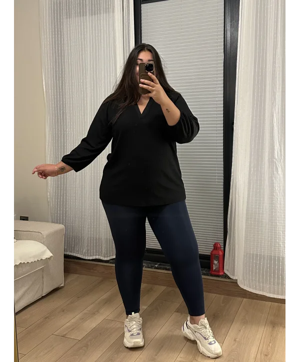 Patlı Hakim Yaka Esnek Bürümcük Bluz - Siyah