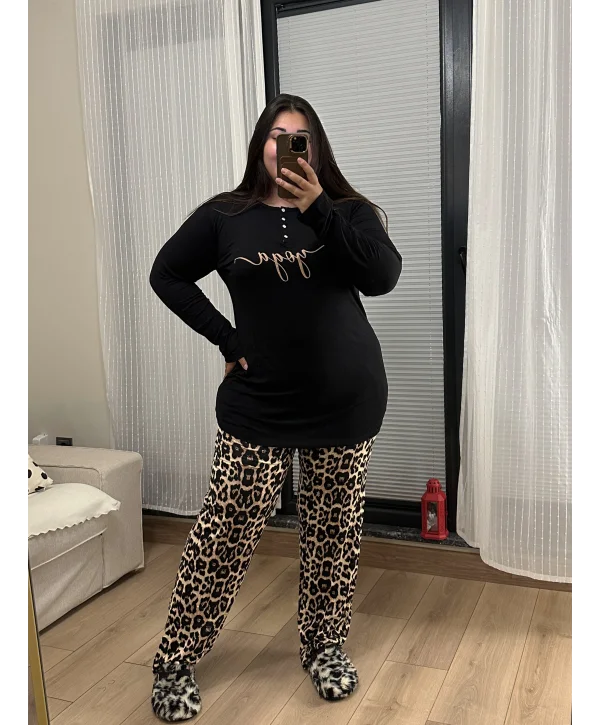Premium Likralı Penye Pijama Takımı - Yoga Leopar