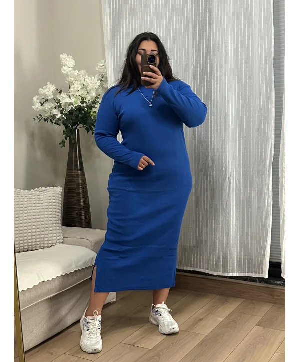 Tam Boy Esnek Triko Elbise - Saks Mavi