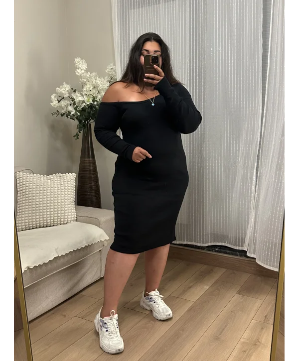 Tek Omuz Detay Esnek Triko Elbise - Siyah