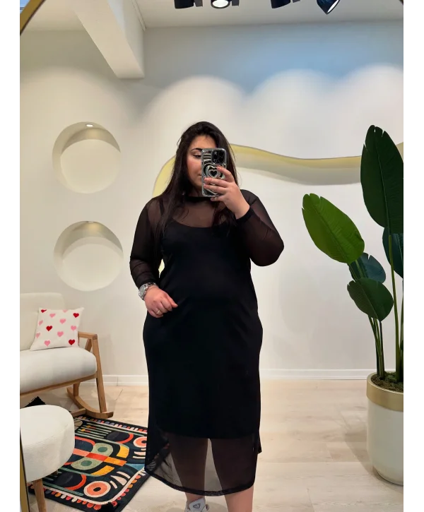 Tül Detaylı Astarlı Sandy Elbise - Siyah