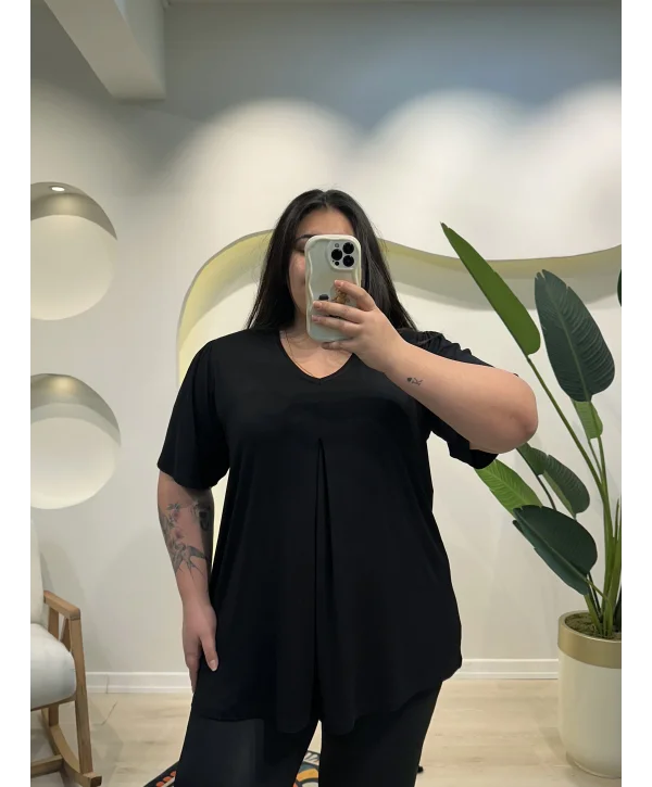 V Yaka Pileli Esnek Penye Bluz - Siyah