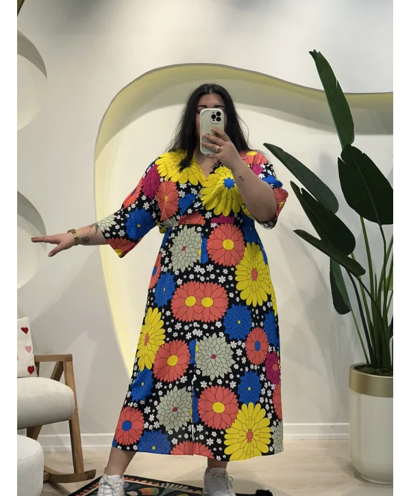 Yarasa Kol Beli Lastikli Viskon Elbise - Geometrik Çiçekli