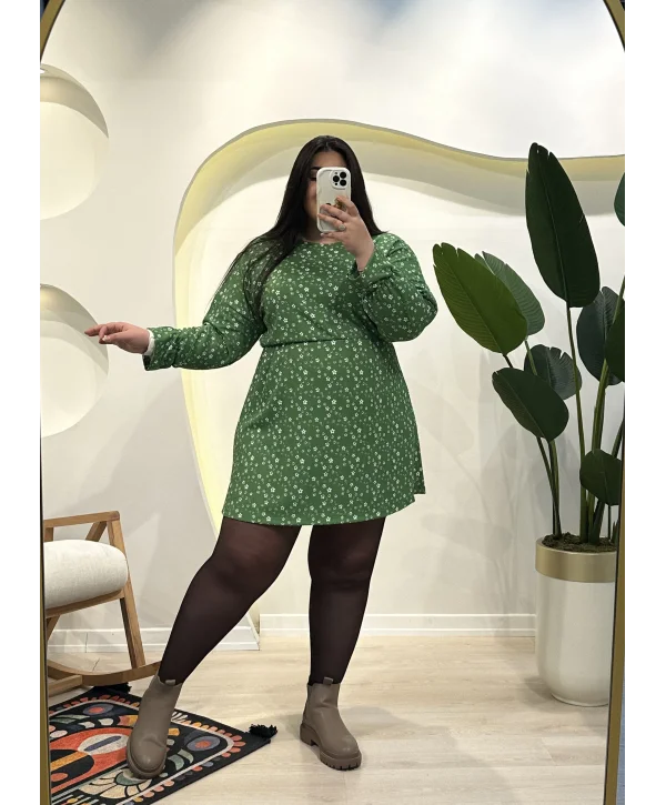 Yarasa Kol Bürümcük Mini Elbise - Yeşil Çiçekli