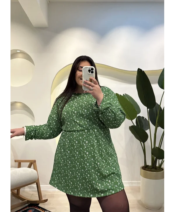 Yarasa Kol Bürümcük Mini Elbise - Yeşil Çiçekli