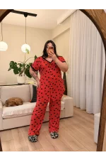 Düğmeli Geniş Kesim Esnek Pamuklu Pijama Takımı - Kırmızı Kalpli