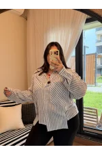 Geniş Kesim Pamuklu Gömlek - Mavi Çizgili