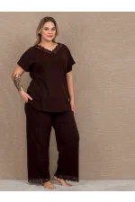 V Yaka Dantel Detaylı Esnek Penye Pijama Takımı - Kahverengi