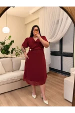 Kruvaze Yaka Tokalı Şifon Elbise - Bordo