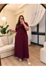Geniş Kesim Cepli Taşlı Penye Elbise - Bordo