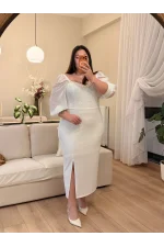 İnci Detaylı Astarlı Esnek Krep Elbise - Beyaz