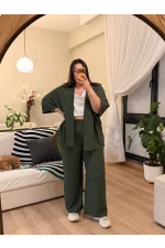 İkili Bürümcük Kimono Takım - Haki