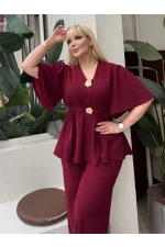 Gül Aksesuarlı Geniş Kesim Esnek Krep Takım - Bordo