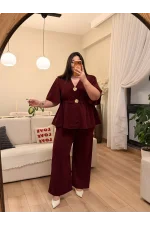 Gül Aksesuarlı Geniş Kesim Esnek Krep Takım - Bordo