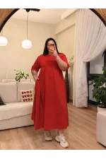 Cepli Beli Büzgülü Esnek Tişört Elbise - Kırmızı