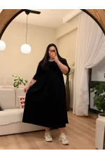 Cepli Beli Büzgülü Esnek Tişört Elbise - Siyah