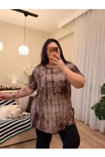 Geniş Kesim Esnek Batik T-Shirt - Kahverengi