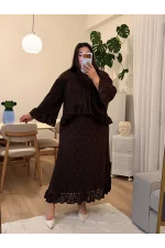 Güpür Detaylı Astarlı Etekli Takım - Kahverengi