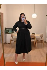 Bisiklet Yaka Kemerli Poplin Elbise - Siyah