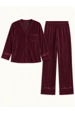 Dantel Detaylı Düğmeli Kadife Pijama - Bordo