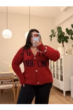 Düğmeli Not Triko Hırka - Kırmızı