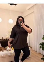Geniş Kesim Bisiklet Yaka Basic T-Shirt - Kahverengi