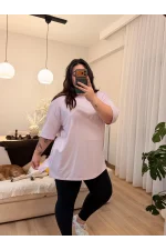 Geniş Kesim Bisiklet Yaka Basic T-Shirt - Lila