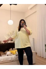Geniş Kesim Bisiklet Yaka Basic T-Shirt - Sarı