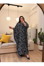 Geniş Kesim Kaftan Viskon Elbise - Siyah Desenli