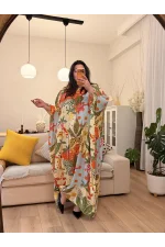 Geniş Kesim Kaftan Viskon Elbise - Tropikal Desenli
