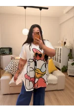 Geniş Kesim Penye Bluz - Beyaz Daisy