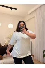 Geniş Kesim Şal Detaylı Esnek Penye T-Shirt - Beyaz