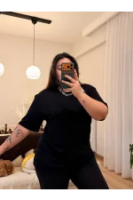 Geniş Kesim Şal Detaylı Esnek Penye T-Shirt - Siyah
