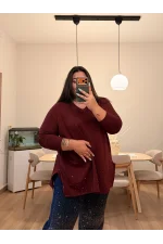 Geniş Kesim Taş Detaylı Modal Bluz - Bordo