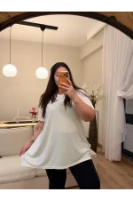 Geniş Kesim V Yaka Basic Esnek Penye Tişört - Beyaz