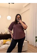 Geniş Kesim V Yaka Tensel Modal T-Shirt - Bordo