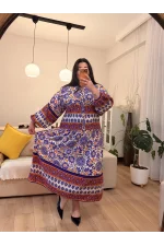 Hakim Yaka Geniş Kesim Viskon Elbise - Mor Geometri