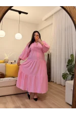 Hakim Yaka Geniş Kesim Viskon Elbise - Pembe