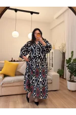 Hakim Yaka Geniş Kesim Viskon Elbise - Siyah Etnik Desen