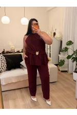 Halter Yaka Gül Aksesuarlı Esnek Krep Takım - Bordo